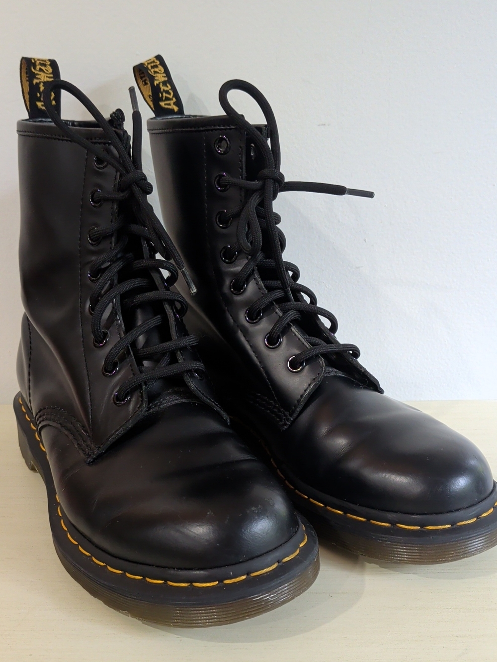 Dr. Martens Black Leather Lace-Up Ankle Boots with Yellow Stitching Size 8
